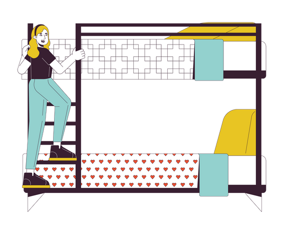 Female student climbing ladder on bunkbed  Illustration