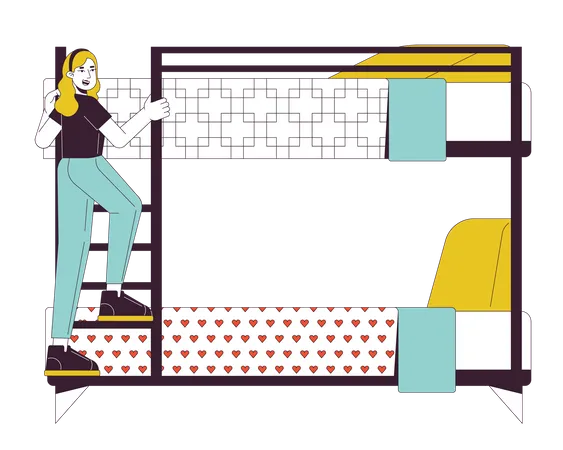 Female student climbing ladder on bunkbed  Illustration