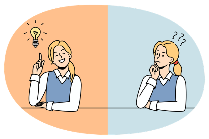 Female student confused looking for answers and creating solution  Illustration