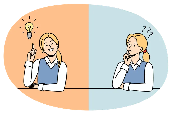 Female student confused looking for answers and creating solution  Illustration