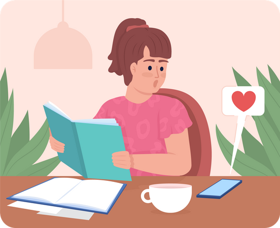 Female student distracted by notifications on phone  Illustration