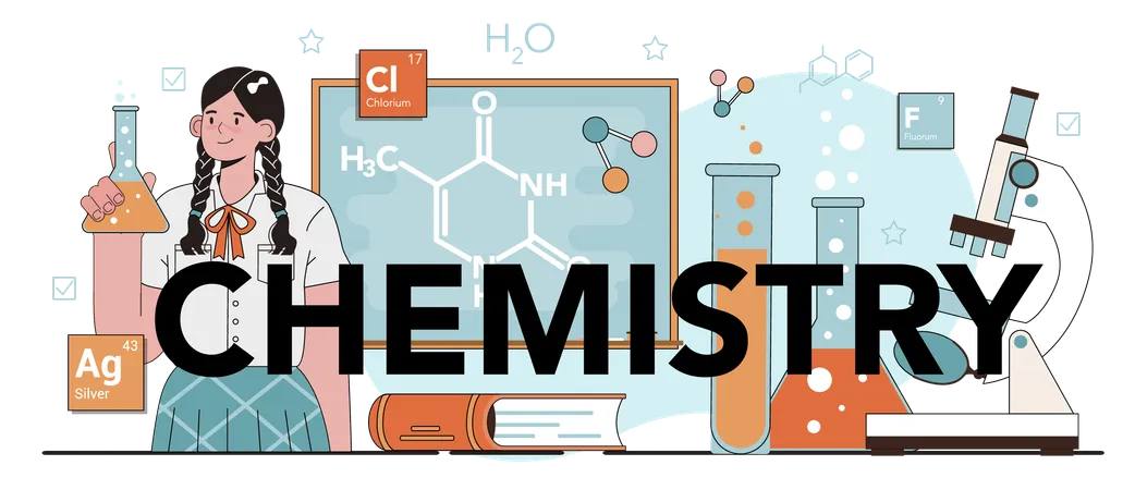 Chemistry Typographic Header Student Learning Chemical Formula And Element Scientific Experiment In The Laboratory With Reagents Flat Vector Illustration Illustration