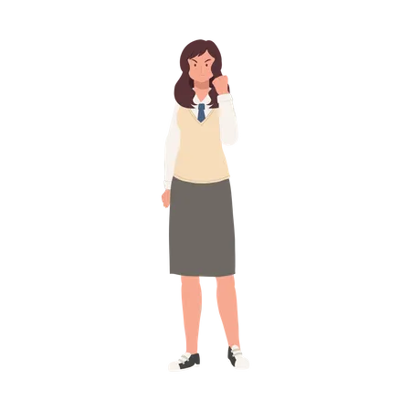 Learning And Education Concept Korean Student Character Full Length Of Female Student In School Uniforms Doing Victory Pose Gesture Illustration