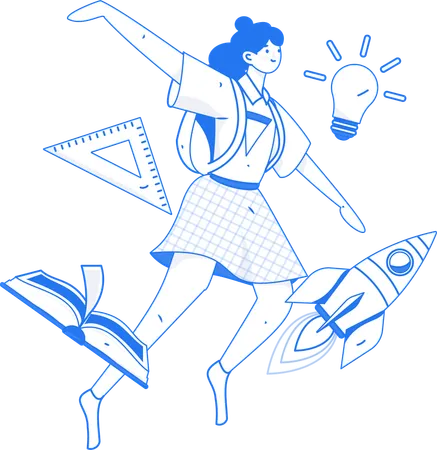 Female student flying in air while doing education startup  Illustration