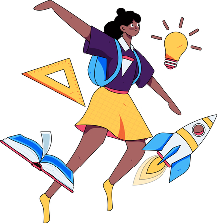 Female student flying in air while doing education startup  Illustration