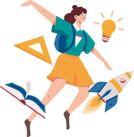 Female student flying in air while doing education startup  Illustration