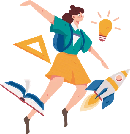 Female student flying in air while doing education startup  Illustration