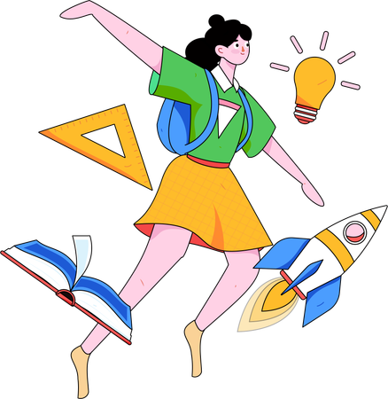 Female student flying in air while doing education startup  Illustration