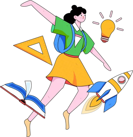 Female student flying in air while doing education startup  Illustration