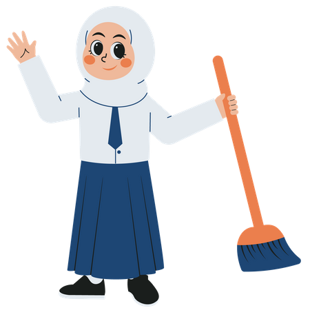 Female Student Holding A Broom  Illustration