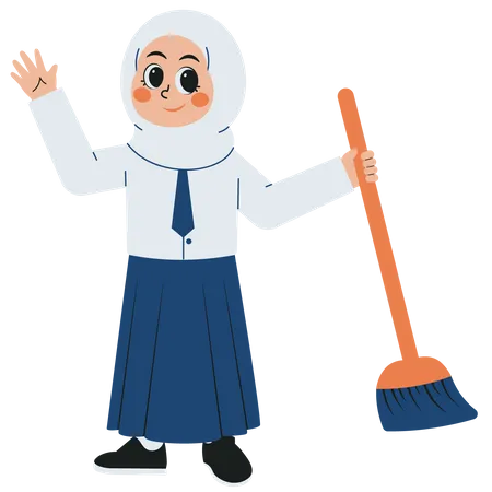 Female Student Holding A Broom  Illustration