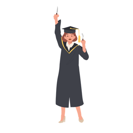 Female Student in Graduation Gown with Fork and Knife  Illustration