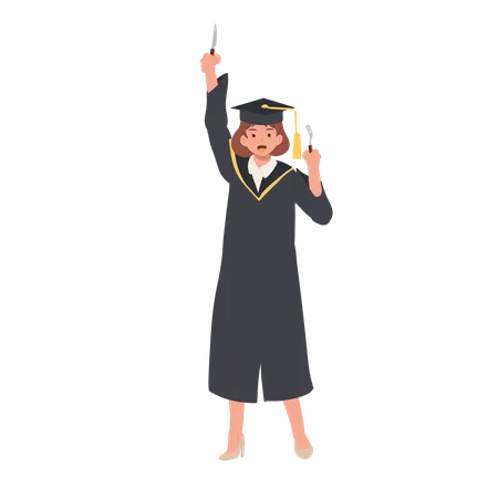 Female Student in Graduation Gown with Fork and Knife  Illustration