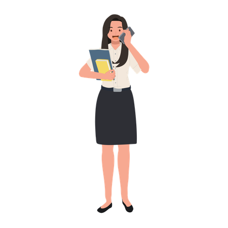 Female Student in Uniform Holding Books and talking on the phone  Illustration