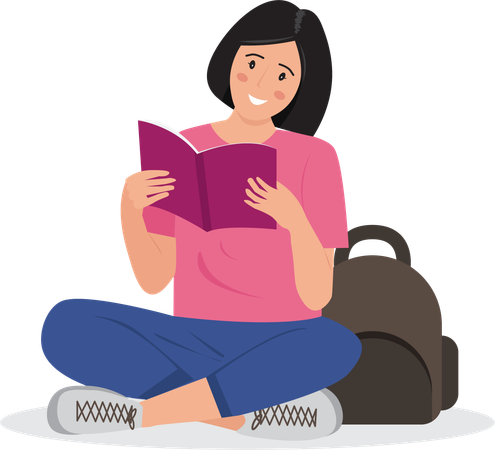 Female student interested in reading open book in hand  Illustration