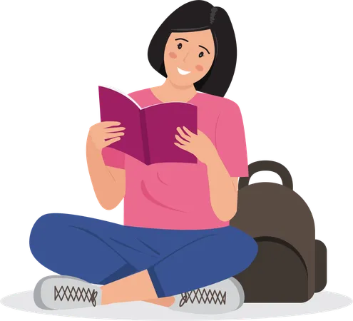 Female student interested in reading open book in hand  Illustration