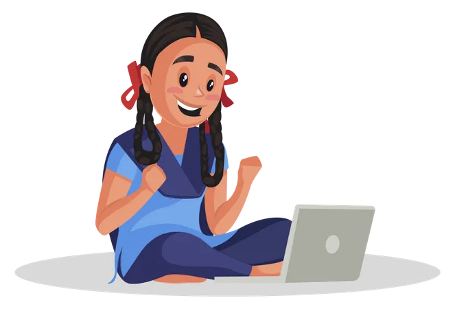 Female student learning from laptop Illustration
