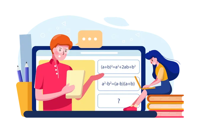 Female student learning mathematics online  Illustration