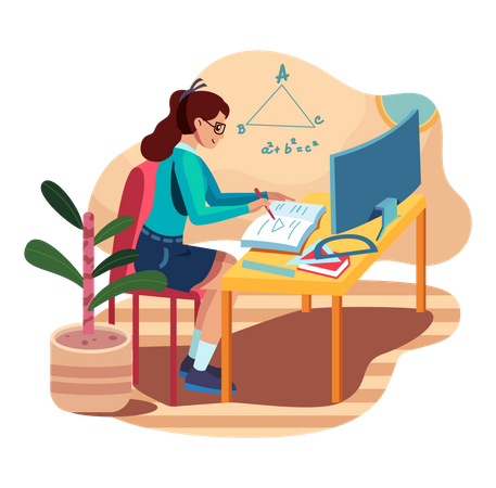 Female student learning online Illustration