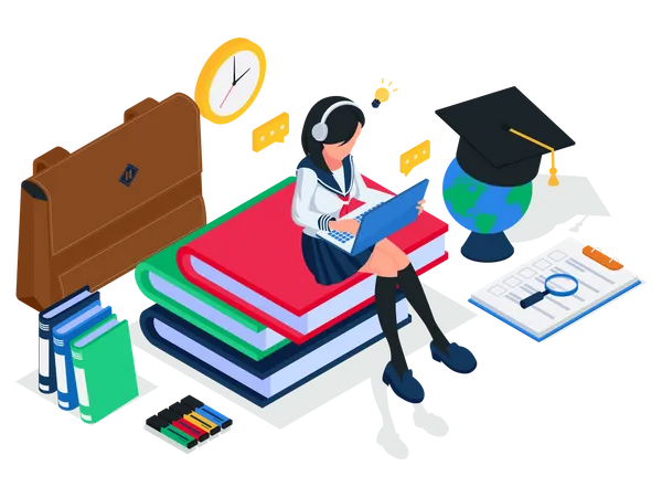 Female student listening audiobook from laptop and sit on stack of books  Illustration