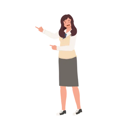Learning And Education Concept Korean Student Character Full Length Of Female Student In School Uniforms Proud To Present Point Something Illustration
