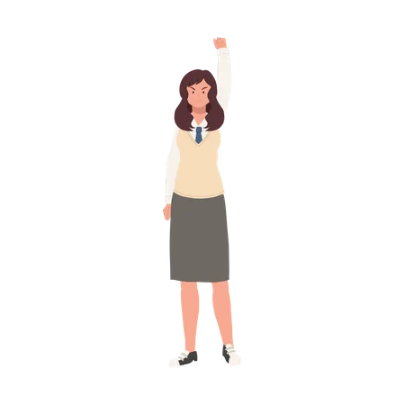 Learning And Education Concept Korean Student Character Full Length Of Female Student In School Uniforms Raise Hand Up As Victory Illustration