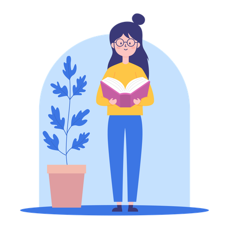 Female student Reading a Book in the Library  Illustration