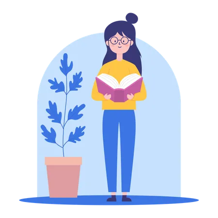 Female student Reading a Book in the Library  Illustration