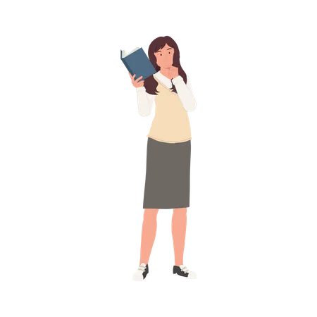 Female student reading book while thinking something  Illustration