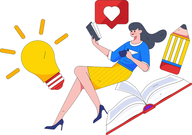Female student reading book with coffee in hand  Illustration