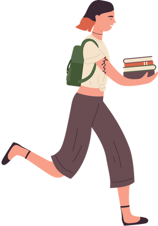 Female student running with books  Illustration