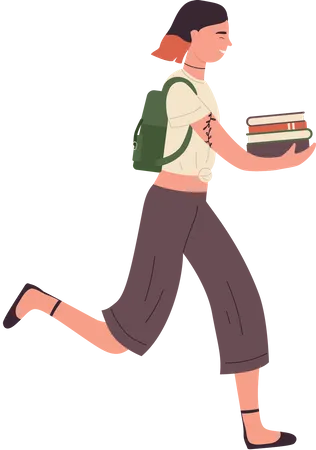 Female student running with books  Illustration