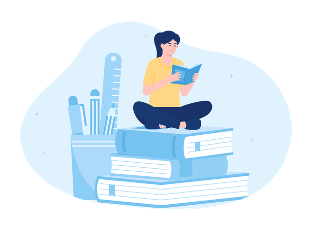 Female student sitting and reading book  Illustration