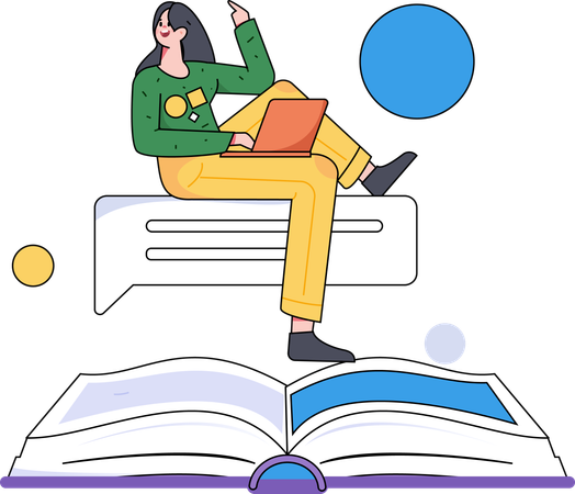 Female student sitting on book  Illustration