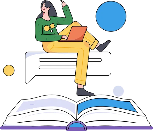 Female student sitting on book  Illustration