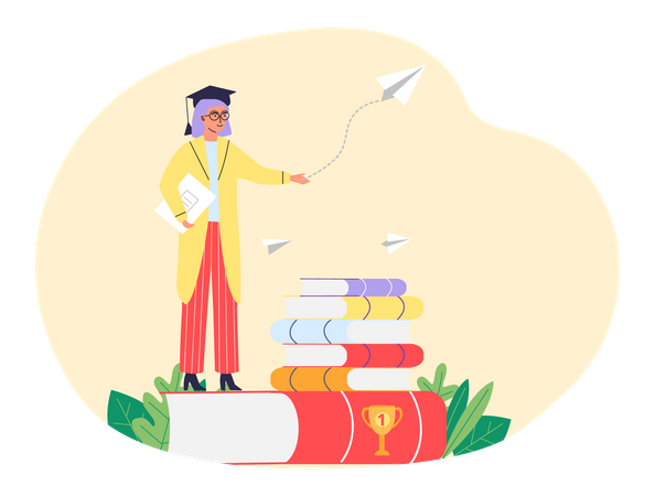 Female student standing on pile of books with notebook in her hands Illustration