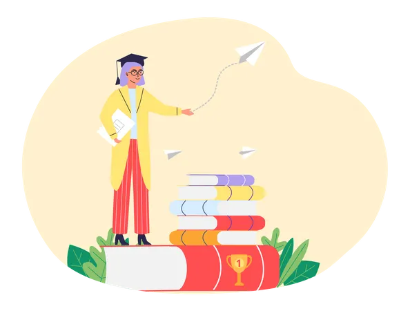 Female student standing on pile of books with notebook in her hands Illustration
