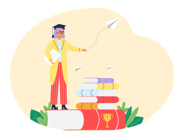 Female student standing on pile of books with notebook in her hands  Illustration