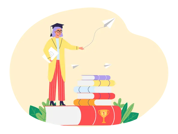 Female student standing on pile of books with notebook in her hands  Illustration