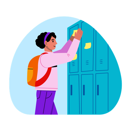 Female Student sticking note on locker  Illustration