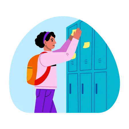 Female Student sticking note on locker  Illustration