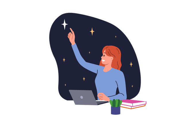 Female student studies astronomy and imagines starry sky and sitting at table with laptop  Illustration