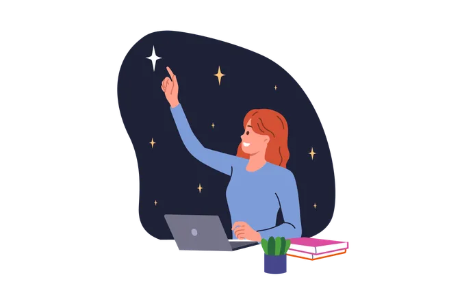 Female student studies astronomy and imagines starry sky and sitting at table with laptop  Illustration