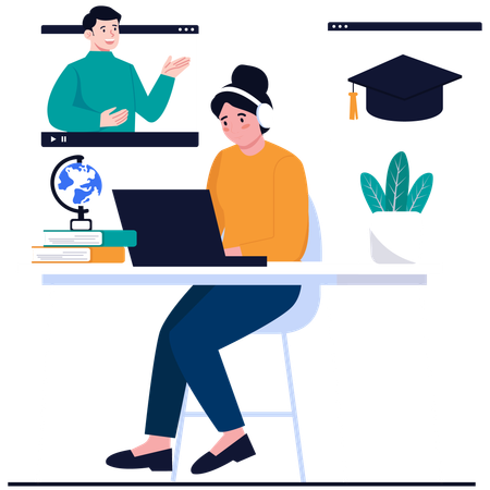 Female Student Study on laptop  Illustration