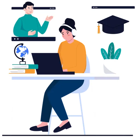 Female Student Study on laptop  Illustration
