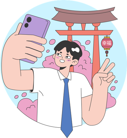 Female student taking selfie using mobile  Illustration