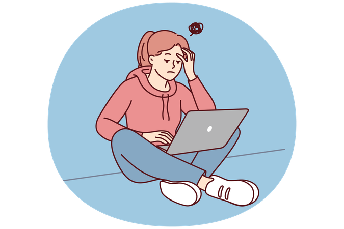 Female student work on computer have lack of motivation  Illustration