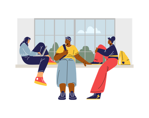 Female students relaxing and chatting by window  Illustration