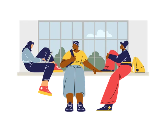 Female students relaxing and chatting by window  Illustration