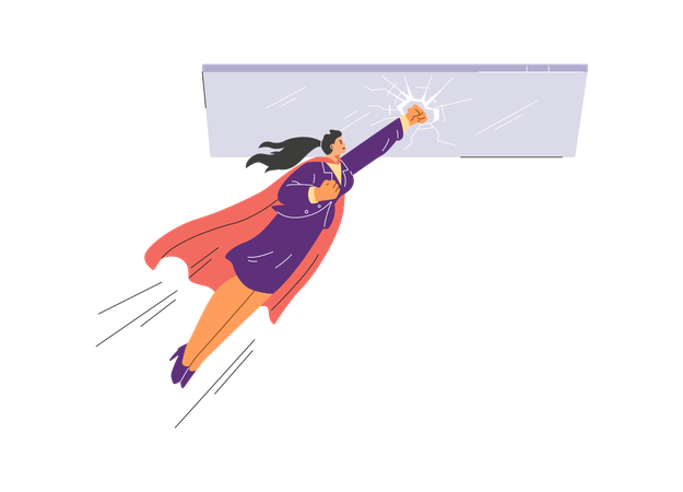 Female superhero in a cape breaking a glass ceiling  Illustration